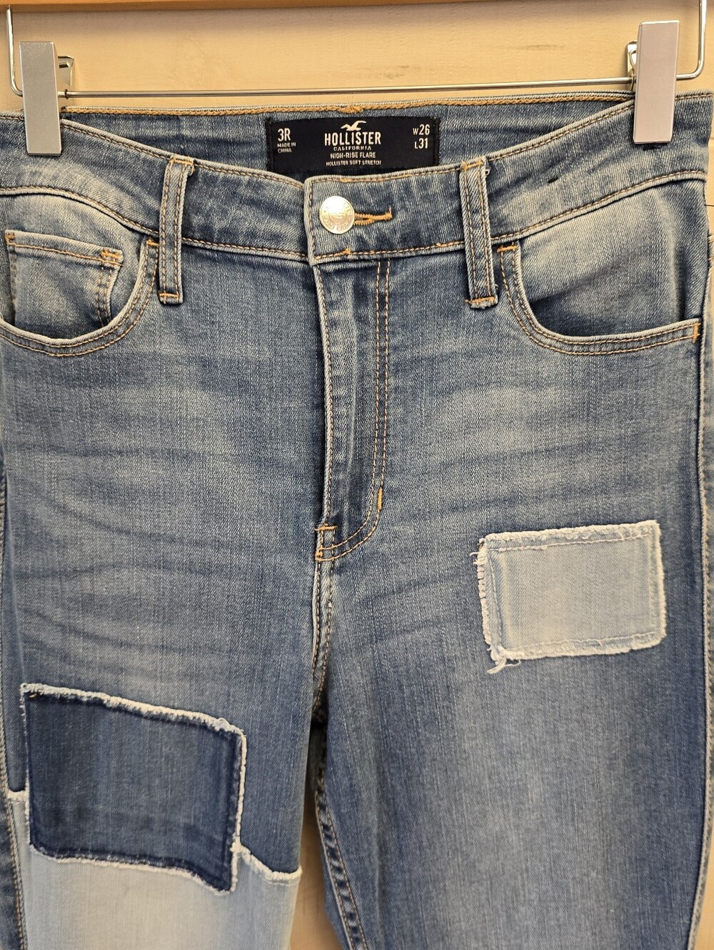 {3R/ 26W 31L} Hollister High Rise Flare Y2K Patchwork Stretchy Jeans - Picture 4 of 16